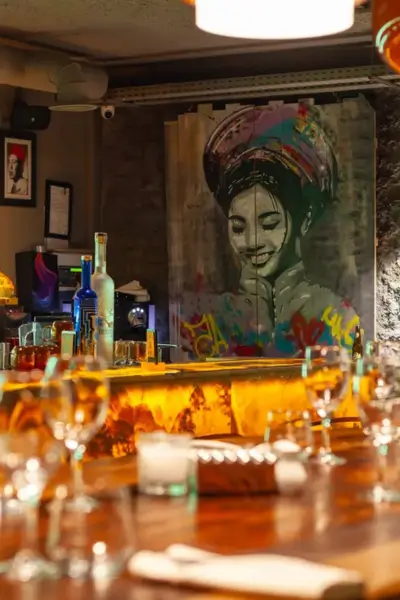 Colorful abstract wall art inside LAO Marrakech restaurant